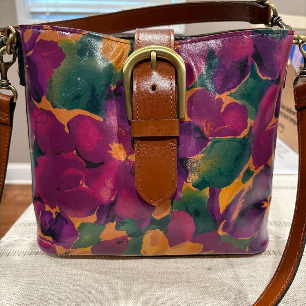 Patricia Nash Purple and Green Shoulder Bag with Artistic Floral Design